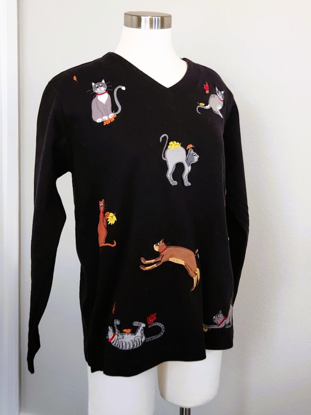 Bechamel Cat Embroidered Applique Tunic Top Black Cotton V Neck Women's M